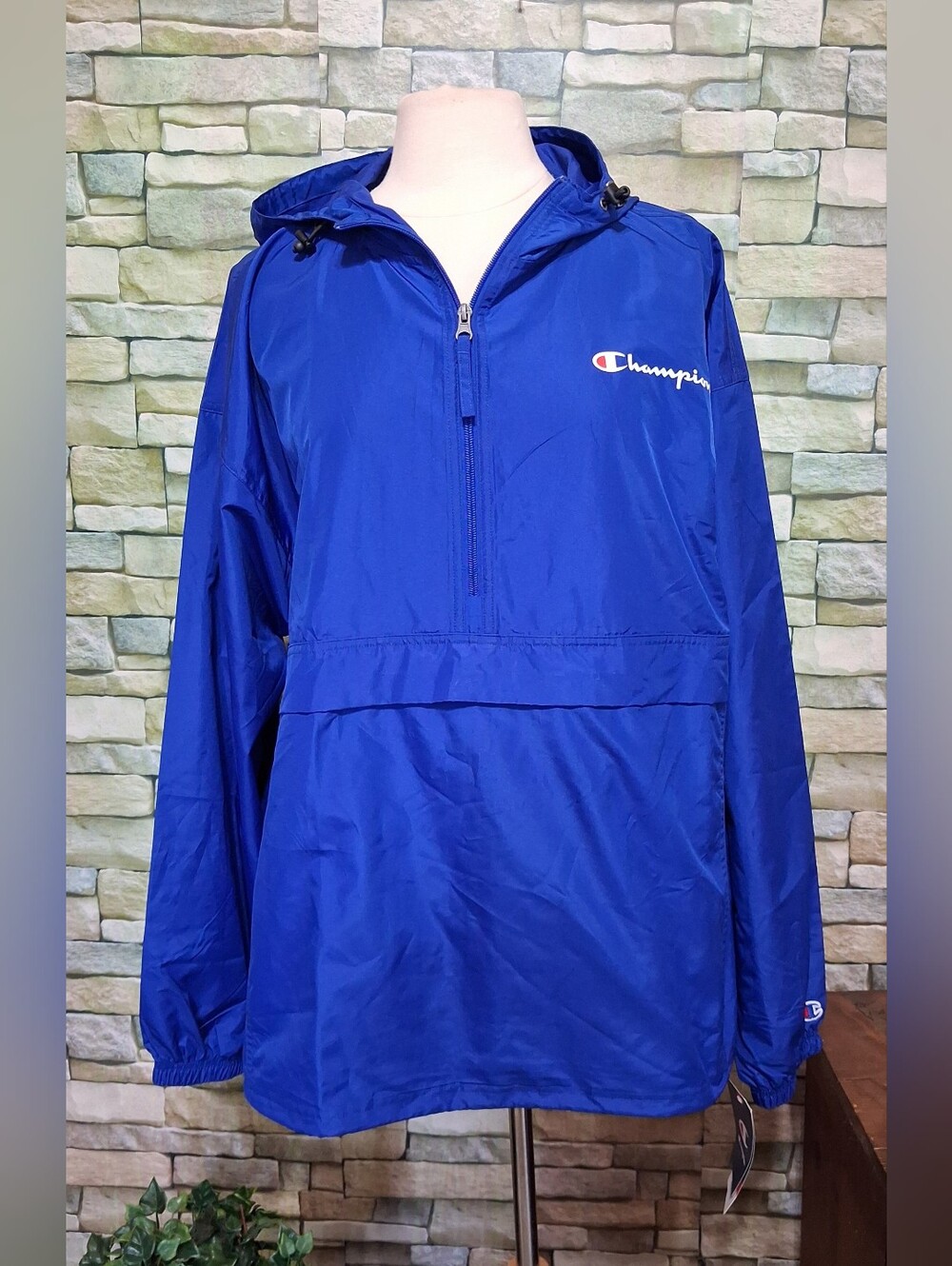 New Champion Mens XL Blue Hooded Quarter-Zip Windbreaker